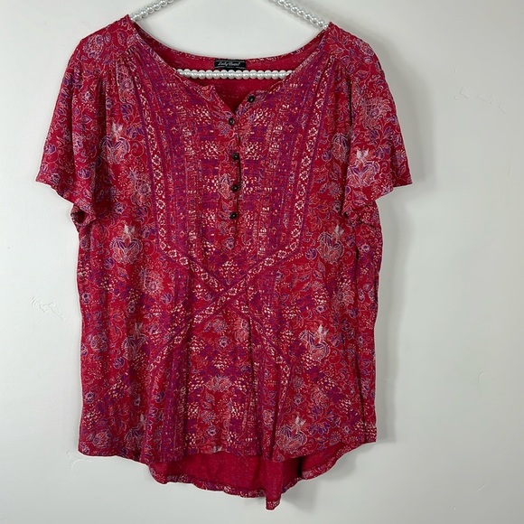 Lucky Brand Tops - Lucky Brand Red Floral Western Print Button Up Short Sleeve Topic Tee XL